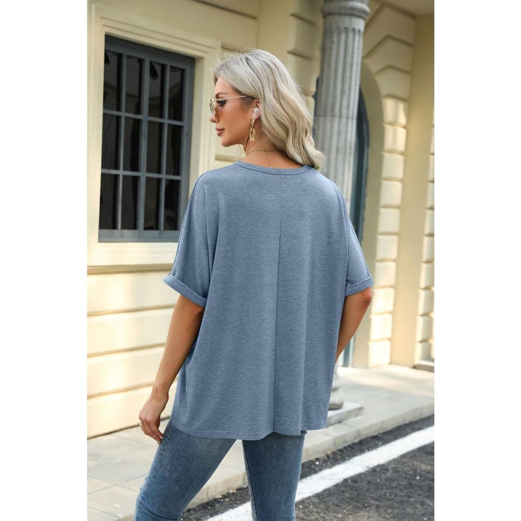 HNXC Spring Summer Solid-color Round-neck Loose Short-sleeved T-shirt Top for Women