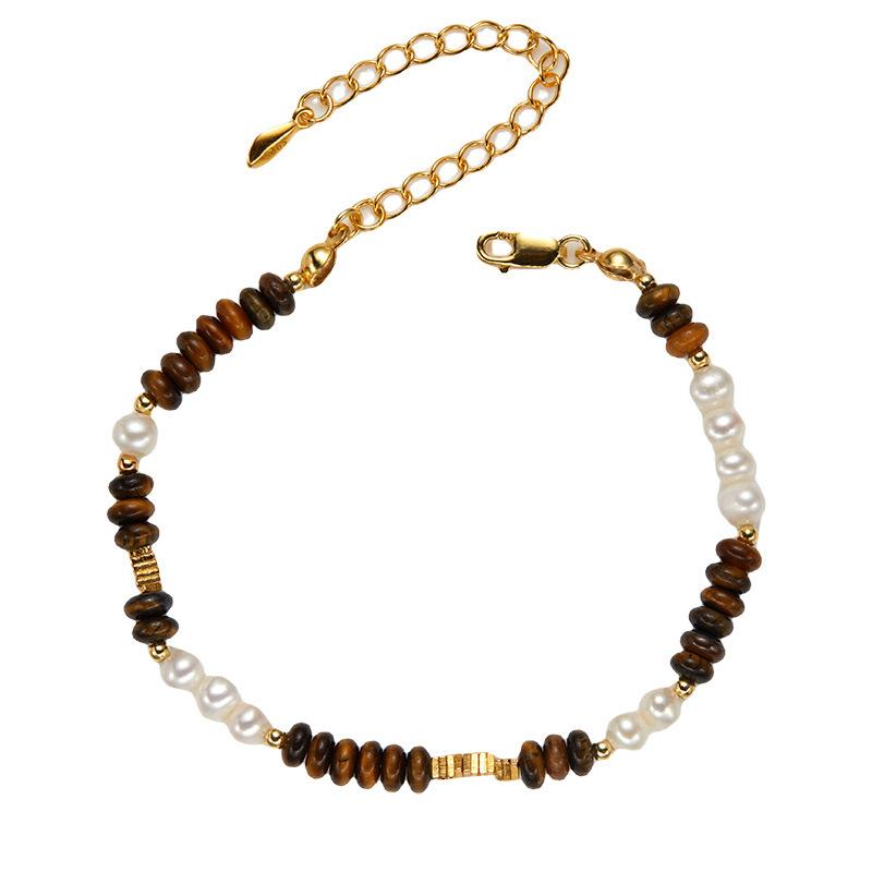Original Design S925 Sterling Silver Natural Freshwater Pearl Tiger'S Eye Stone Color Treasure Bracelet Women'S Trend Handmade Beads