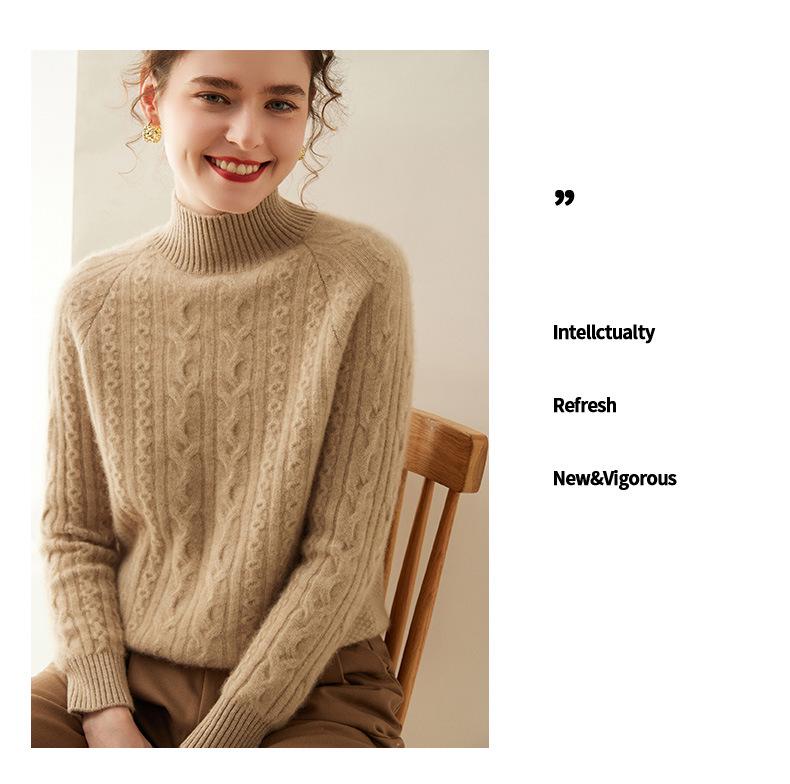 Women's Cashmere Cable Knit Sweater, Half-High Neck, Thick, Slimming, Loose Fit, Warm Base Layer for Autumn and Winter.