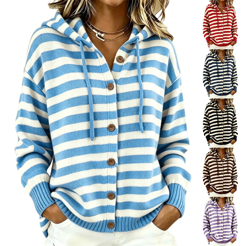 Women's Striped Knit Hooded Cardigan Long Sleeve Button Front Casual Outerwear for Everyday Wear