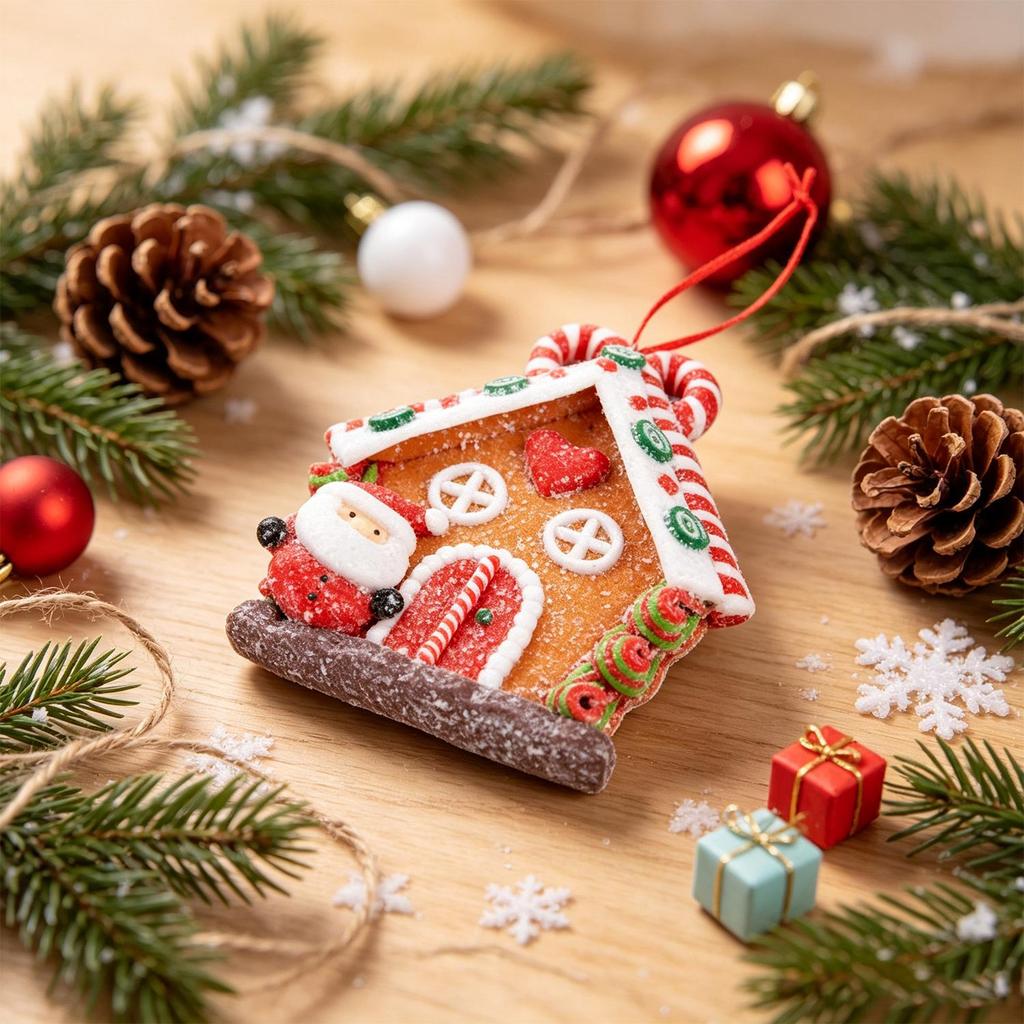 Christmas Polymer Clay Gingerbread House Ornaments, Xmas Tree Hanging Decorations (3 Pieces Per Set)