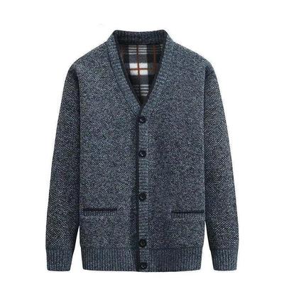 Men's Plush Knitted Jacket Casual Men's Sweater Cardigan Thickened V-neck Dad's Jacket