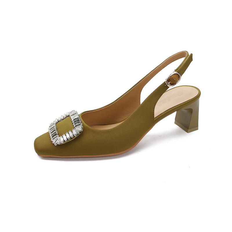 Baotou Sandals Women's Thick Heel 2025 New Rhinestone Buckle Empty Single Shoes Middle Heel Summer Word with Square Head High Heels