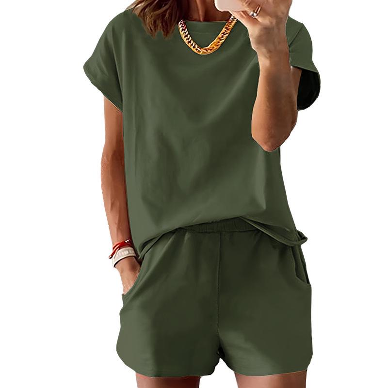 2026 European & American Women's Summer Two-Piece Set: Round Neck Short Sleeve Top & Shorts