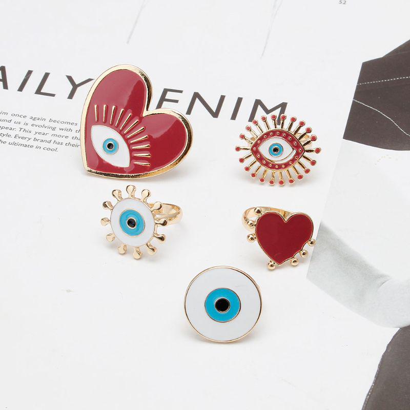 5Pcs Heart Enamel Evil Eye Open Band Women Rings Exaggerated Fashion Jewelry