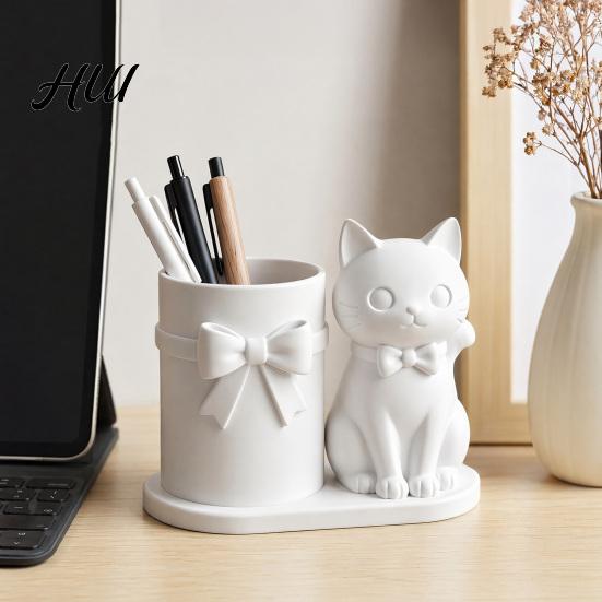 Cat Pen Holder Holder, Cute Kitty Desk Organizer with Pens, Pencils, Makeup Healing Ornament Cup Brushes, 3D Printed Sculpture for Home Office