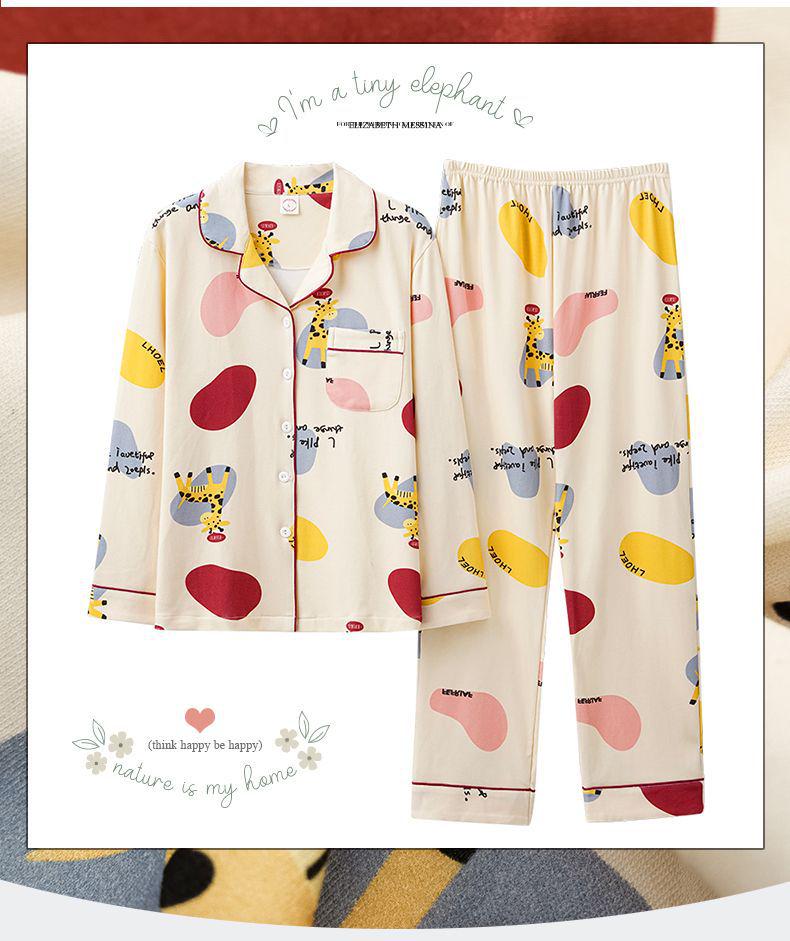 Women's Korean-Style Cartoon Pajama Set - 100% Cotton, Long-Sleeved, Suitable for Spring, Autumn, and Winter, with Cardigan for Home Wear.