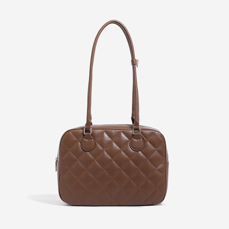 

Luxury Diamond-patterned Toast Tote Bag Stylish Versatile Women Bowling Handbag Large Capacity Zipper Underarm Bag Solid Color шоколад коричневого кольору
