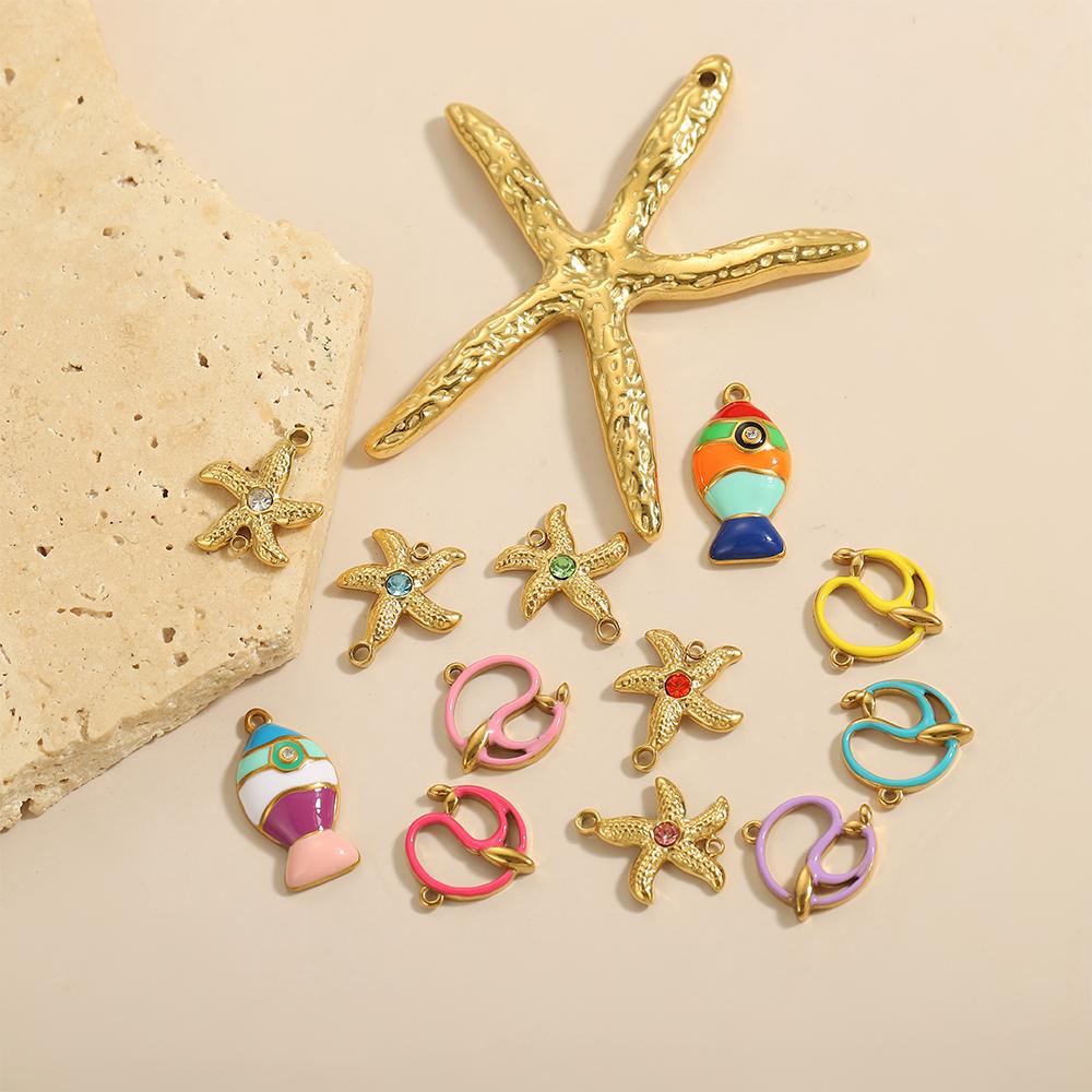 CARLIDANA New Design Non Tarnish Beach Charm Stainless Steel Dolphin Gold Color Starfish Fish Oil Drop Charms for Jewelry Making