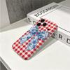 Classic Red Gingham Blue Floral Motif Bow Art Graphic Film Aesthetic Protective Shockproof Bumper Phone Case Cover For iPhone 14 15 16 Pro Max Plus