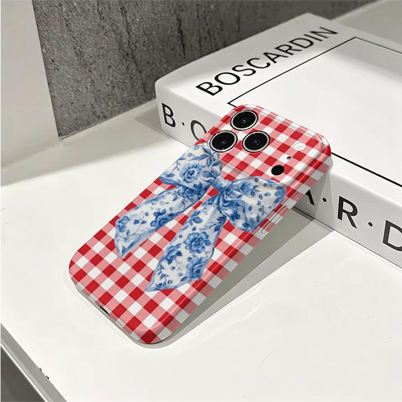 Classic Red Gingham Blue Floral Motif Bow Art Graphic Film Aesthetic Protective Shockproof Bumper Phone Case Cover For iPhone 14 15 16 Pro Max Plus