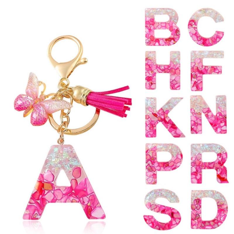 

Fashion Rose Red 26-Letter Resin Keychain Sparkle Gradient Butterfly Tassel Pendant Retro Durable Women Bag Accessory Practical Backpack Charm A
