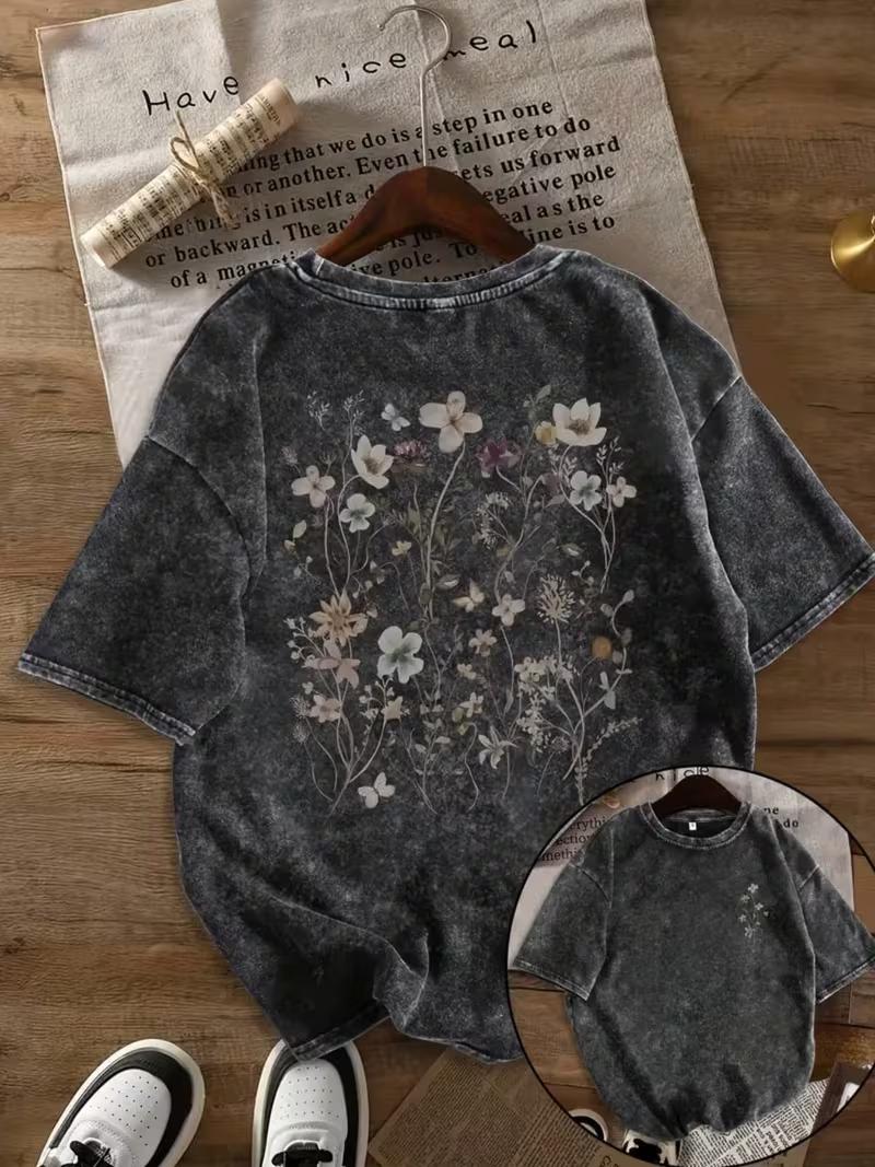 

Vintage Wildflowers Graphic TShirt Boho Floral Letter Washed Tee Casual Loose Fit Short Sleeve Tops for Women Men Daily Wear S