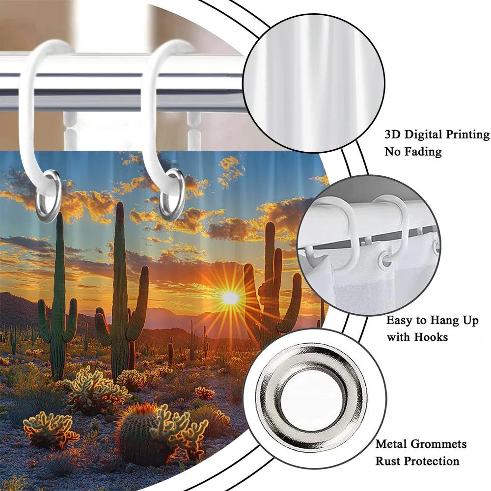 Desert Sunset Shower Curtain - Saguaro Cacti, Vibrant Sky, Mountain Range,Machine Washable Polyester, Southwestern Bath Decor