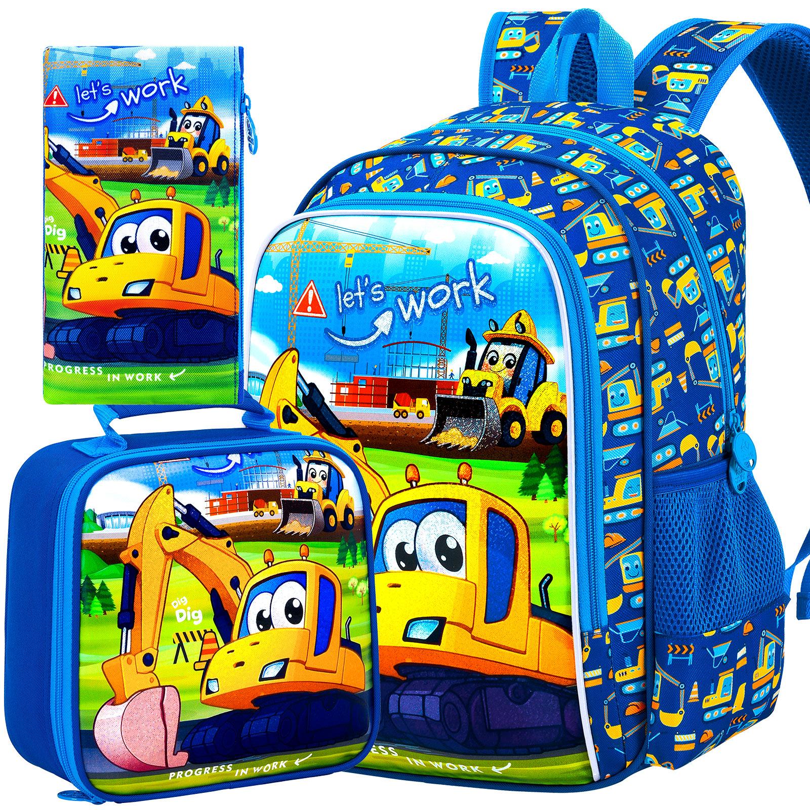 3PCS Boys Excavator Backpack, Kids Digger Bookbag with Lunch Box, 16 Preschool Backpacks for Elementary - Excavator