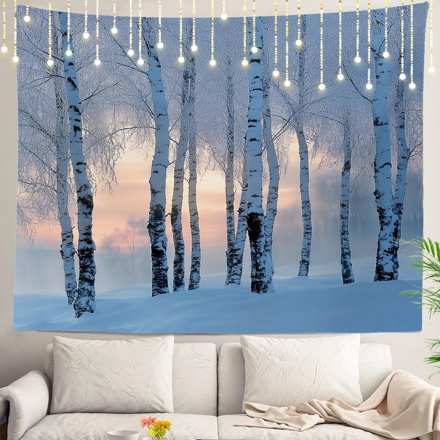 Ästhetischer Birkenwald Wandbehang Polyester Wandteppich Nordische Natur Dekoration Druck Landschaft Lichter Schlafzimmer Wohnzimmer Kunst 100X70CM beige
