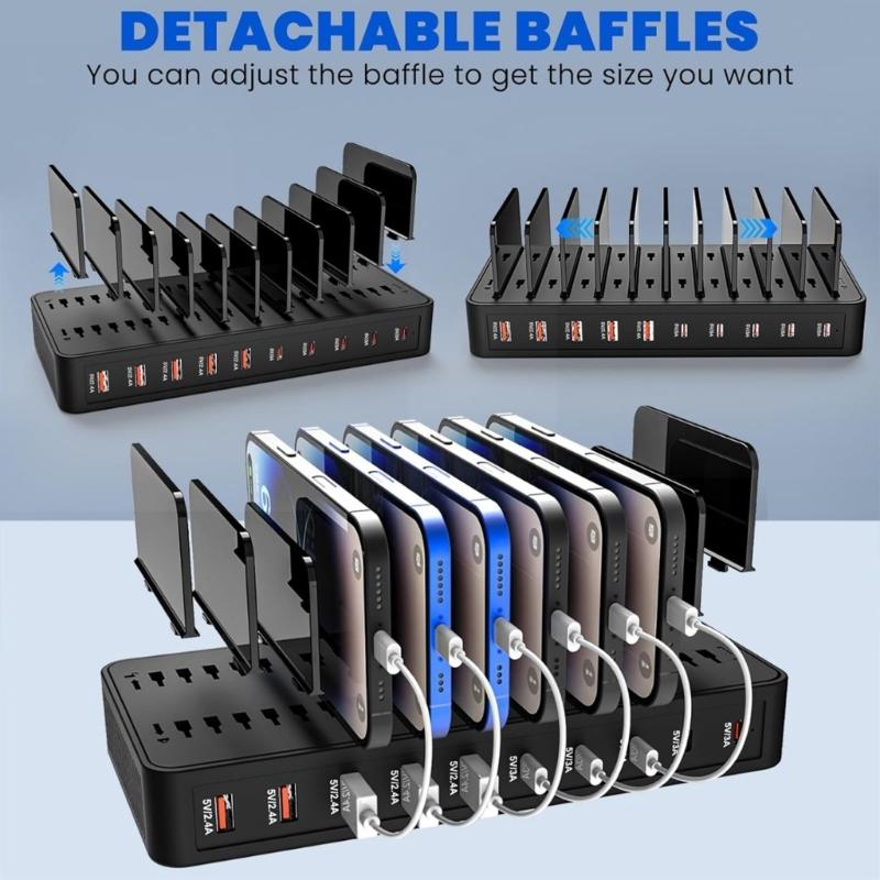 Intelligent European Plug Desktop Chargers with 10 Ports 5 USB 5 Type C ABS Material for Organized Multi Device Charging