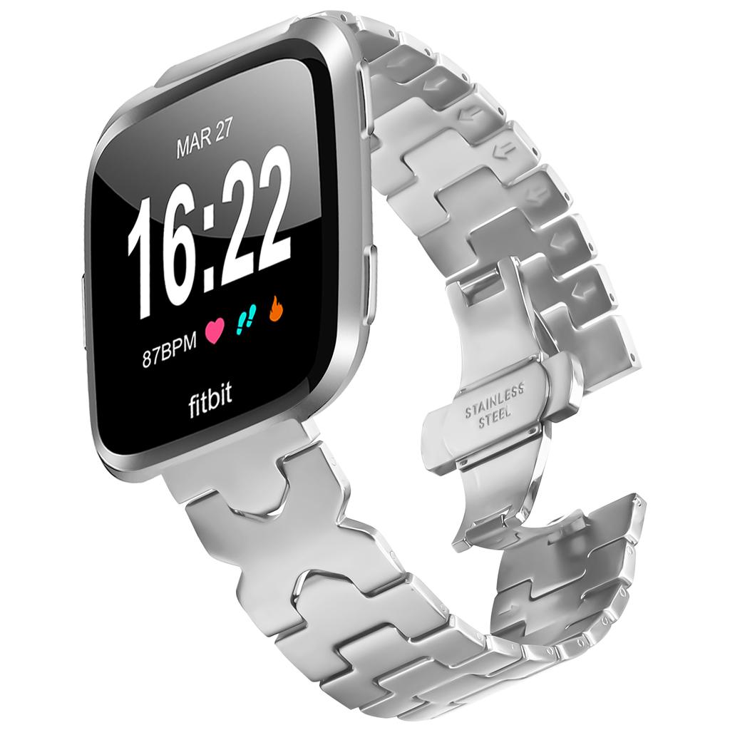 Watch Band for Fitbit Versa/Versa Lite/Versa 2 Stainless Steel Strap with X-Shaped Butterfly Clasp