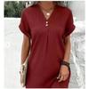 Women's Summer Shirt Dress V-Neck -Short Sleeve Button Midi Dress Loose Solid Color Beach Party Dress