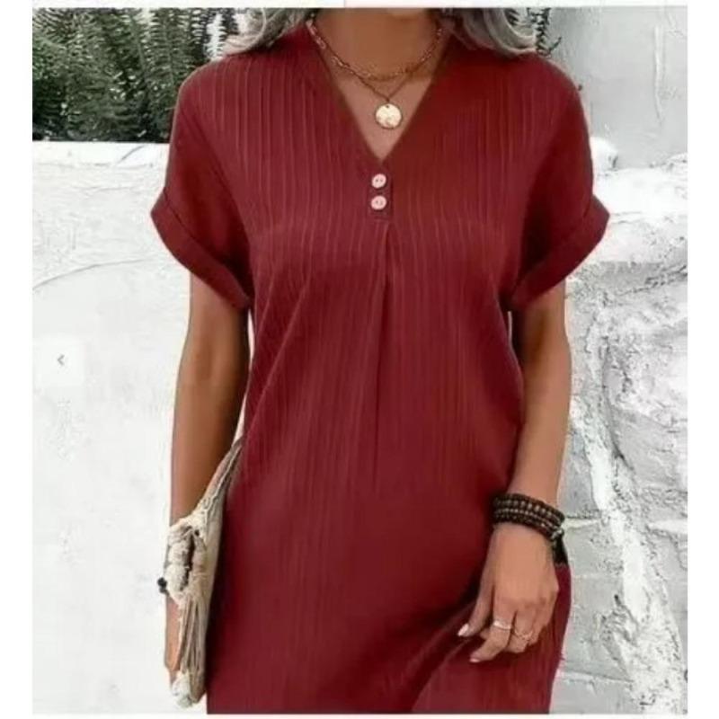 Women's Summer Shirt Dress V-Neck -Short Sleeve Button Midi Dress Loose Solid Color Beach Party Dress