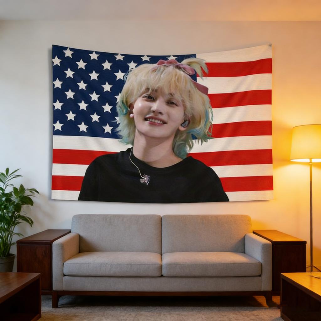 1pc 7Member Kpop Group American Flag Tapestry Cute Idol with Blonde Hair Pink Bow Wall Art for Bedroom Living Room Fan