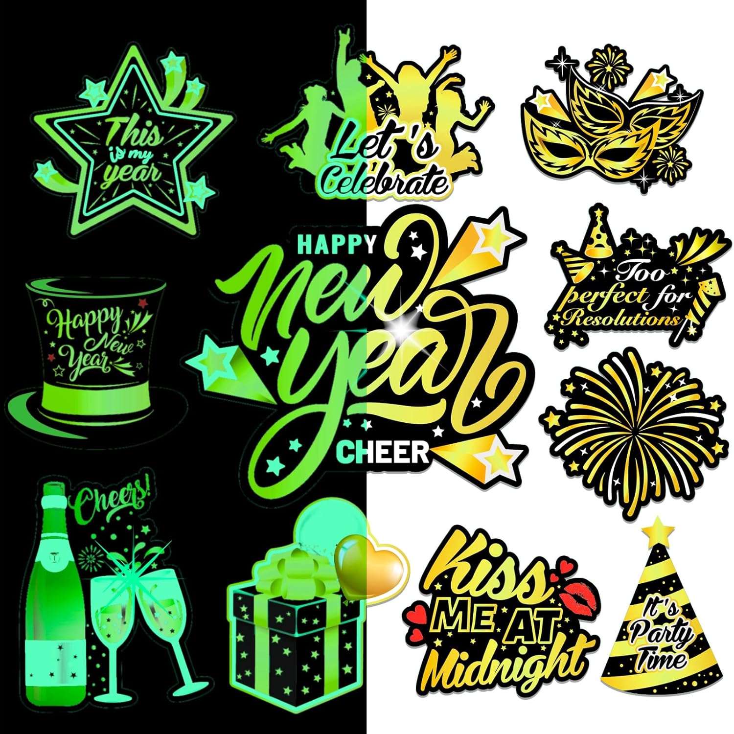 11pcs Happy New Year Glow Magnets, PHOGARY 2025 New Years Eve Holiday Metal Door Decoration Magnetic Stickers for Cruise Door Stateroom Cabin Door