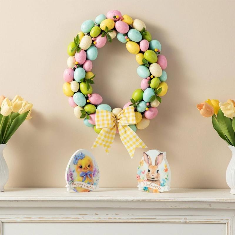 Plastic Easter Door Wreath With Artificial Eggs Flower Decoration Garland For Home Spring Party Celebration