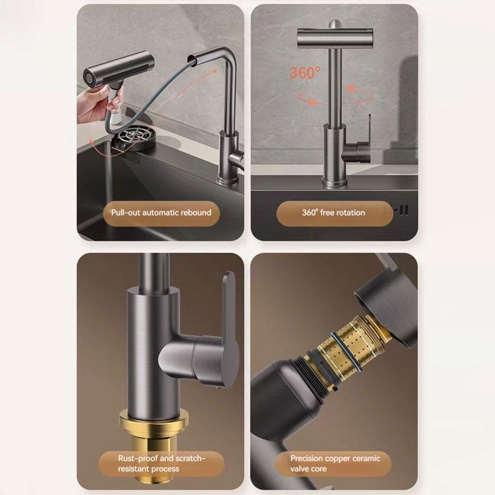 Kitchen Sink Mixer Tap W/ 4 Water Flow Modes Retractable Pull-Out Kitchen Faucet Single Handle Pull Out Faucet for Kitchen Sink