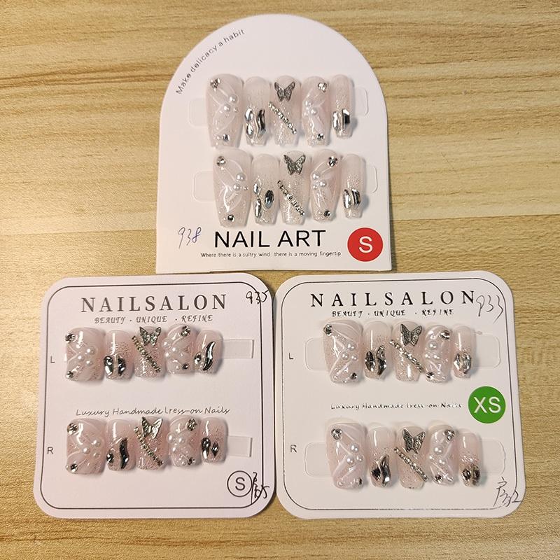 100% HANDMADE Coffin Shaped Fake Nail Set With Glue Art Flashing Starry 3D Butterfly Ribbon Nude Color Pearl Chain Princess Gentle Nails Reusable