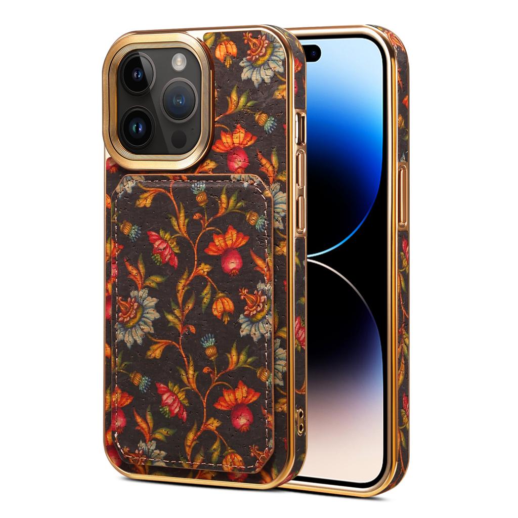 For iPhone 15 Pro Max Card Slots Kickstand Phone Case PU Leather Coated PC+TPU Flower Pattern Printed Cover