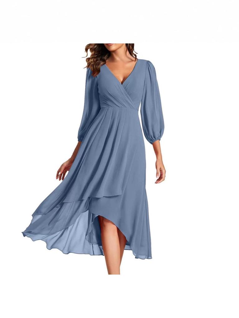 V-neck Solid Color Slim-fit Bridesmaid Evening Dress with Three-quarter Sleeves