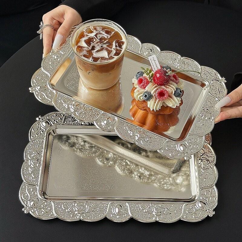 Metal European Retro Carved Silver Tray Cafe Bread Plate Cake Plate Silver Rectangular Dessert Plate