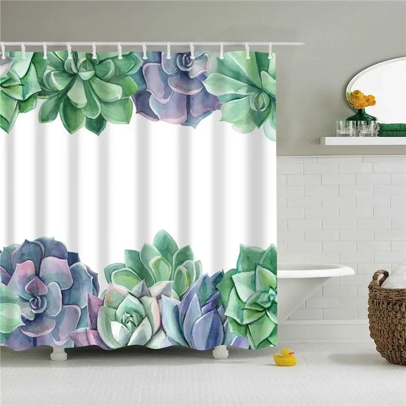 Tropical Green Plant Palm Leaves Bathroom Accessories Set Shower Curtain Bathroom Curtains Waterproof Polyester with Hooks