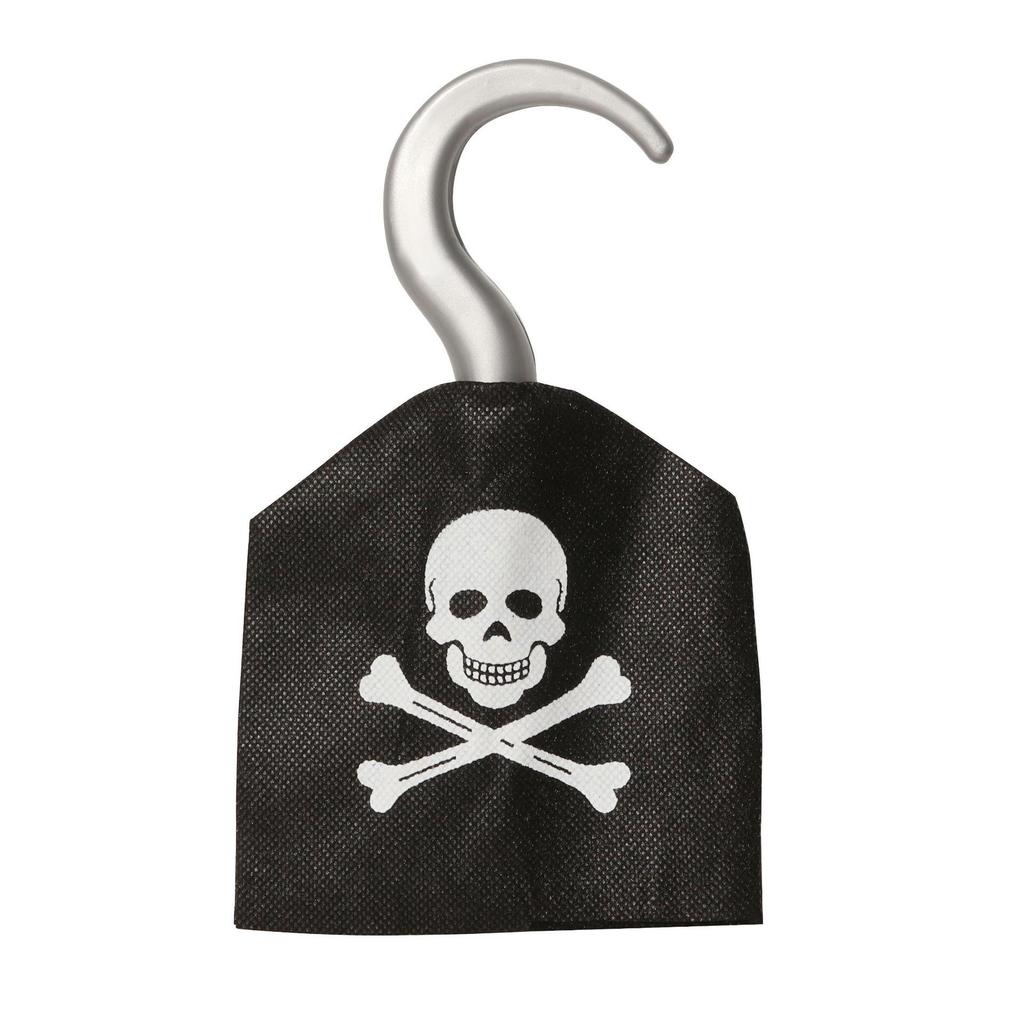 Halloween Pirate Prop Set: Caribbean Captain Hat, Hook, Eye Patch, Headscarf, Horn, Treasure, and Toy Gun.