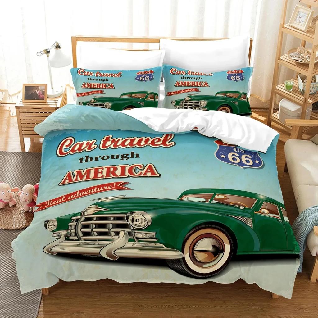 Cars Duvet Cover Traditional Old Car Race Nostalgic American Car Bedding Set Classic Cars Polyester Quilt Cover For Boys Teens