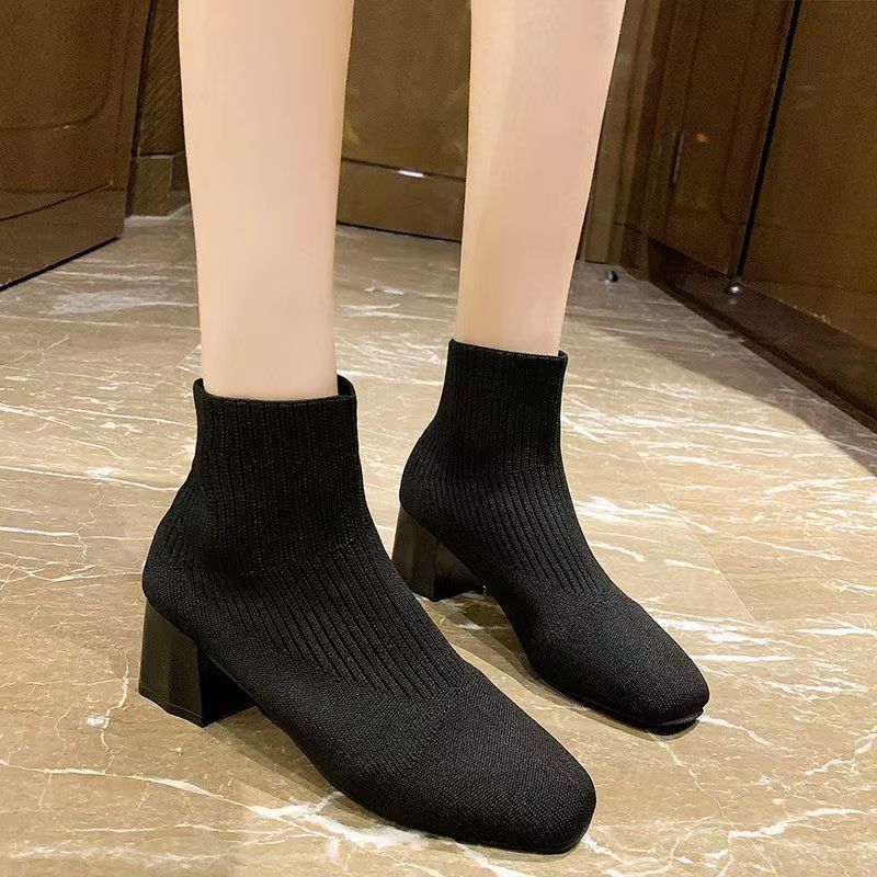Women's Spring Autumn New Elastic Knitted Ankle Boots Block Heel Round Toe Slip On Fashionable Sock Boots High Heel Modern Boots