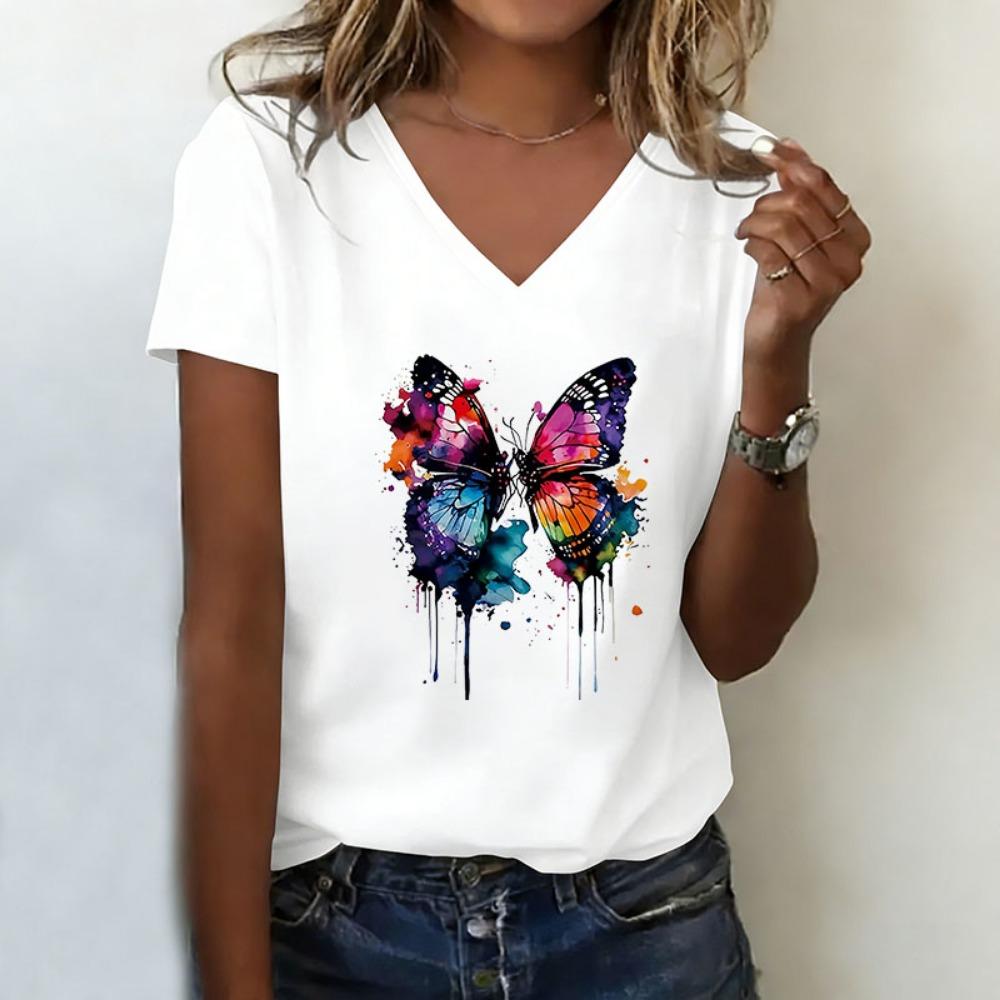 Summer T-shirt V Neck Casual Fashion Y2k Butterfly Aesthetic Printed T Shirts Women Short Sleeve Tee Shirt V-Neck Female S