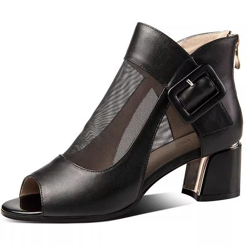 Fischmaul-Mesh-Sandalen mit dickem Absatz Damen Sommer 2025 neu vielseitig hohl hoher Absatz runde Spitze Römische Damenschuhe coole Stiefel