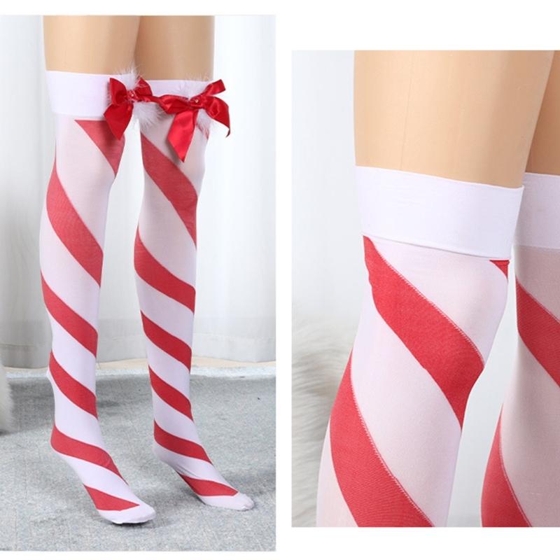 Women Red White Striped Over Knee Long Socks Cute Lovely Bowknot Thigh High Stockings for Christmas Party Costume