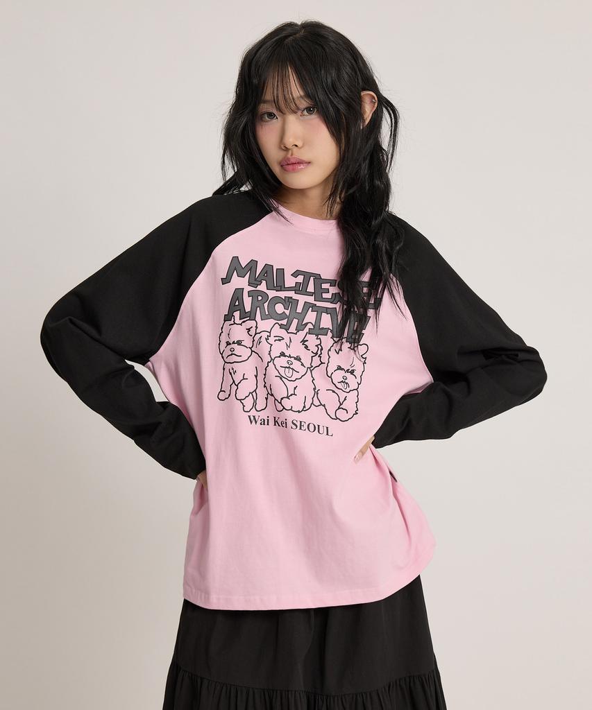 WAIKEI Maltese Archive Line Graphic Raglan Long Sleeve T-Shirt Pink