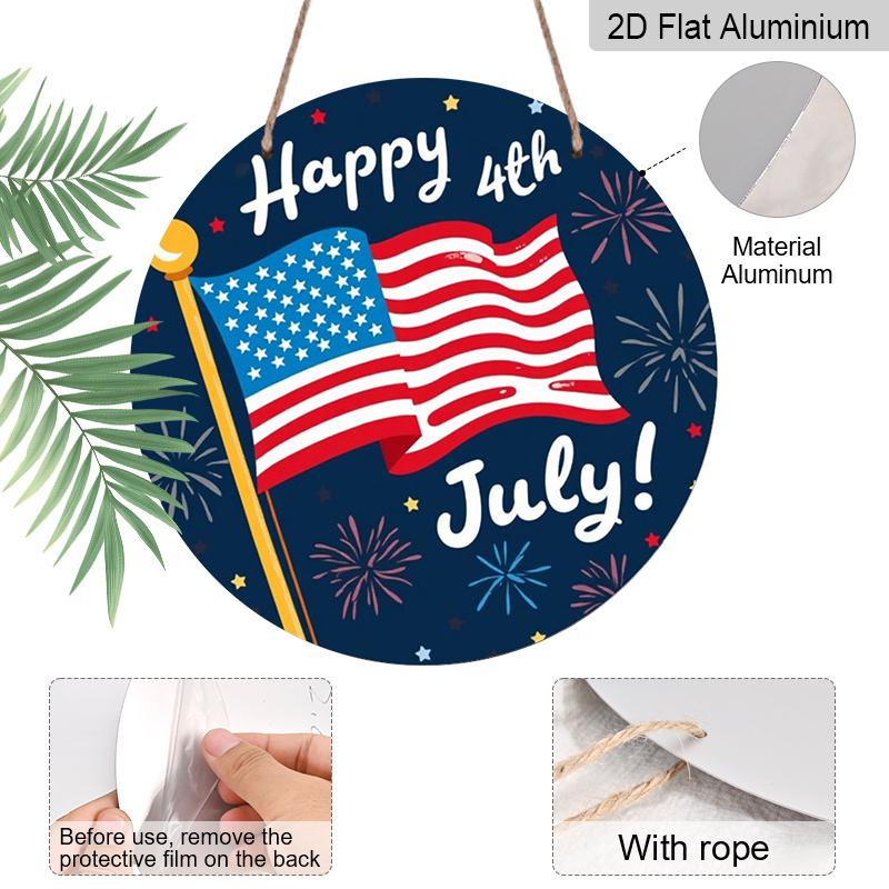 2D Flat 1pc, 8x8 In, Happy Fourth of July Round Aluminum Metal Sign, Fireworks & Stars Design, Inspired Wall Art for Living Room, Bedroom, Porch