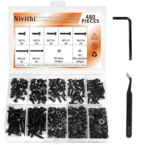 Nivithi M3 Stainless Steel Screws, Hex Socket Head Bolts, Low Head Bolts, 10.9 Grade Alloy Steel Nut Set, 97 Pieces, High Strength, Rust Resistant
