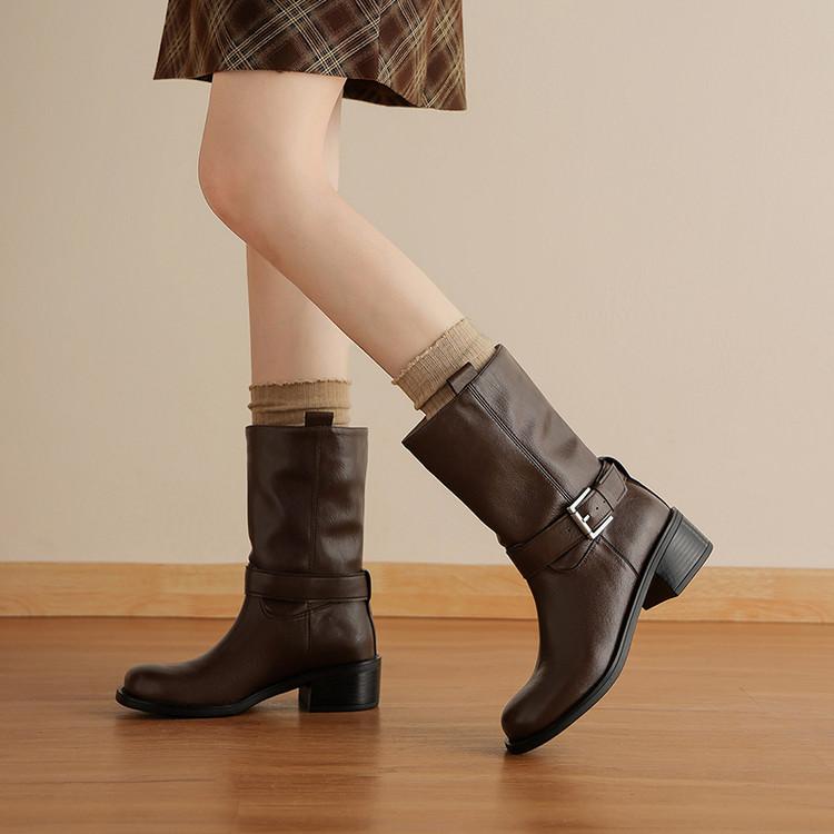 Fashion New Autumn/winter Split Leather Women Boot Round Toe Shoes for Women Fashion Boots Chunky Heels Mid-calf Boots Western Boots
