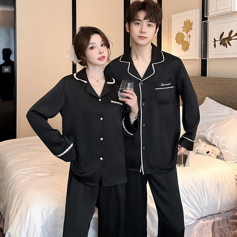 Ice silk couple pajamas women's new spring and autumn long-sleeved trousers simple cardigan can be worn outside men's loungewear suit