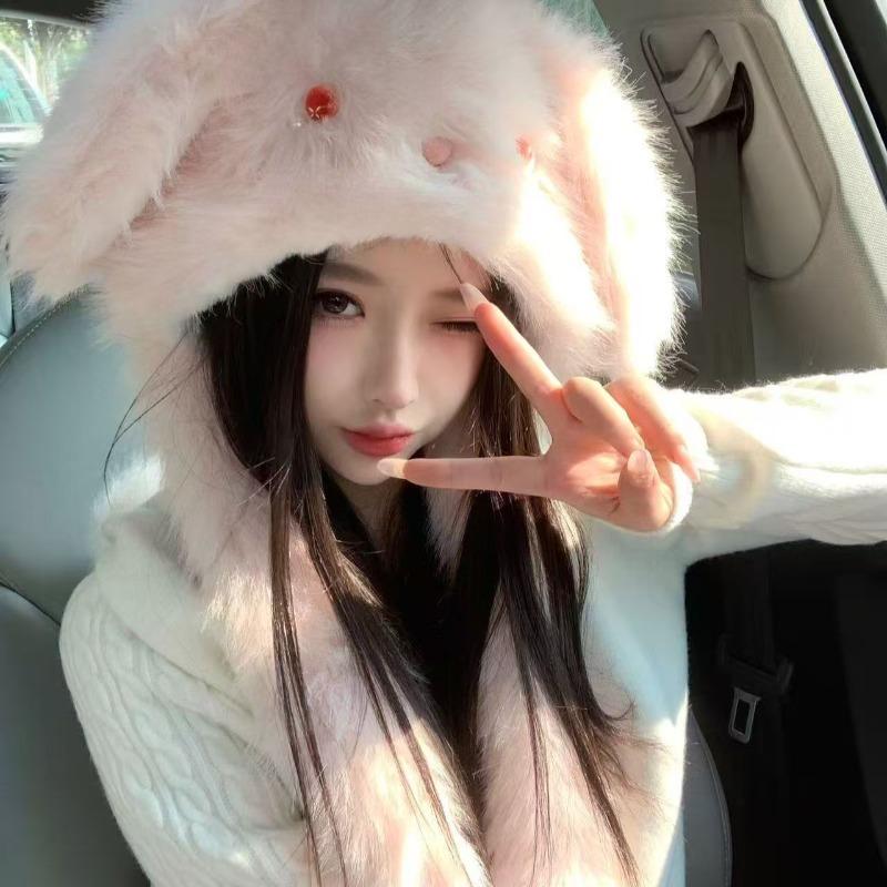 Roztomilá plyšová čepice s dlouhýma ušima králíka, dámská zimní zesílená plyšová čepice pro dívky, odolná proti chladu, univerzální pro udržení tepla