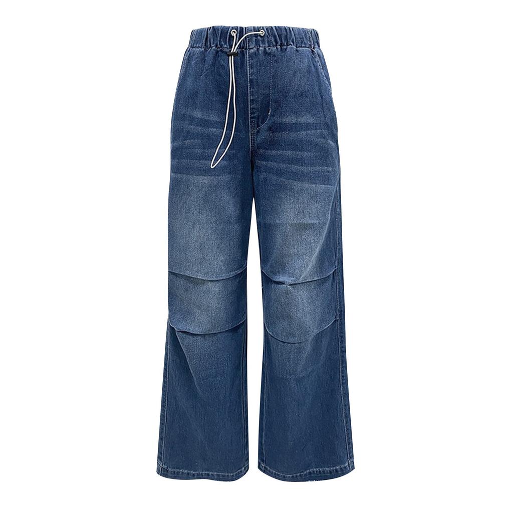 Women's Casual Fashion Retro Mid-rise Wide-leg Pleated Loose Jeans Straight Pants