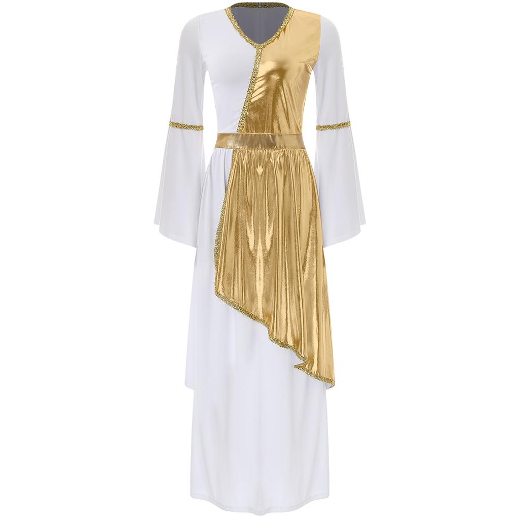 Damen Römische Griechische Schönheit Toga Kleid V-Ausschnitt Trompetenärmel Metallisch Glänzendes Overlay Goldene Borte Robe Halloween Kostüm