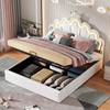 140*200cm Letto Piatto, Letto Imbottito, Letto da Principessa, Illuminazione d'Ambiente Regolabile, Striscia con Corona, Bianco