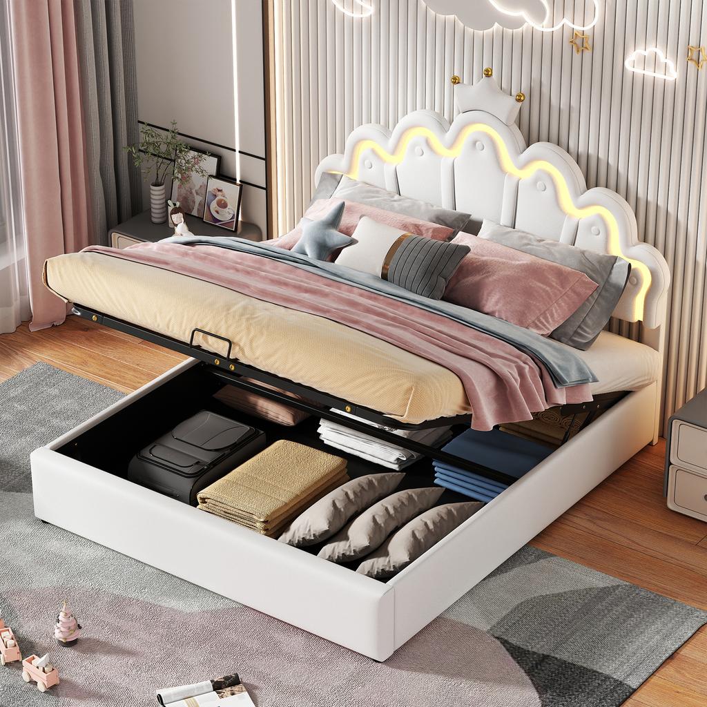 140*200cm Letto Piatto, Letto Imbottito, Letto da Principessa, Illuminazione d'Ambiente Regolabile, Striscia con Corona, Bianco