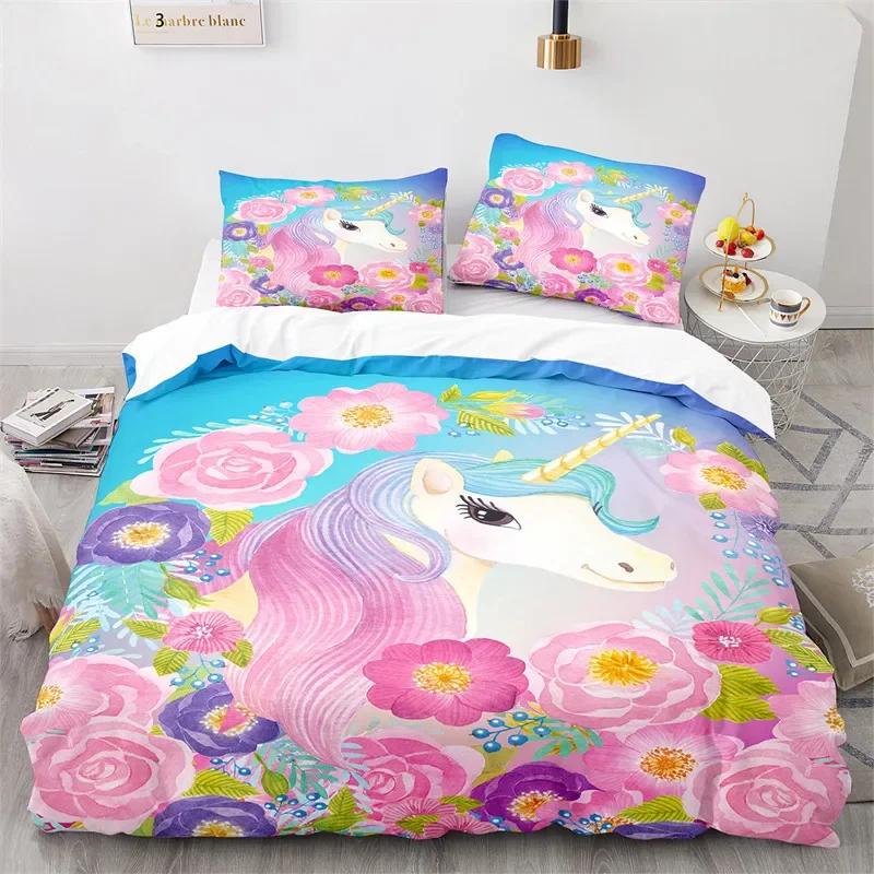 Cartoon Unicorn Duvet Cover Floral Rainbow Quilt Cover Microfiber 3D Girl's Eyelash Bedding Set Full For Kids Teen Kawaii Room